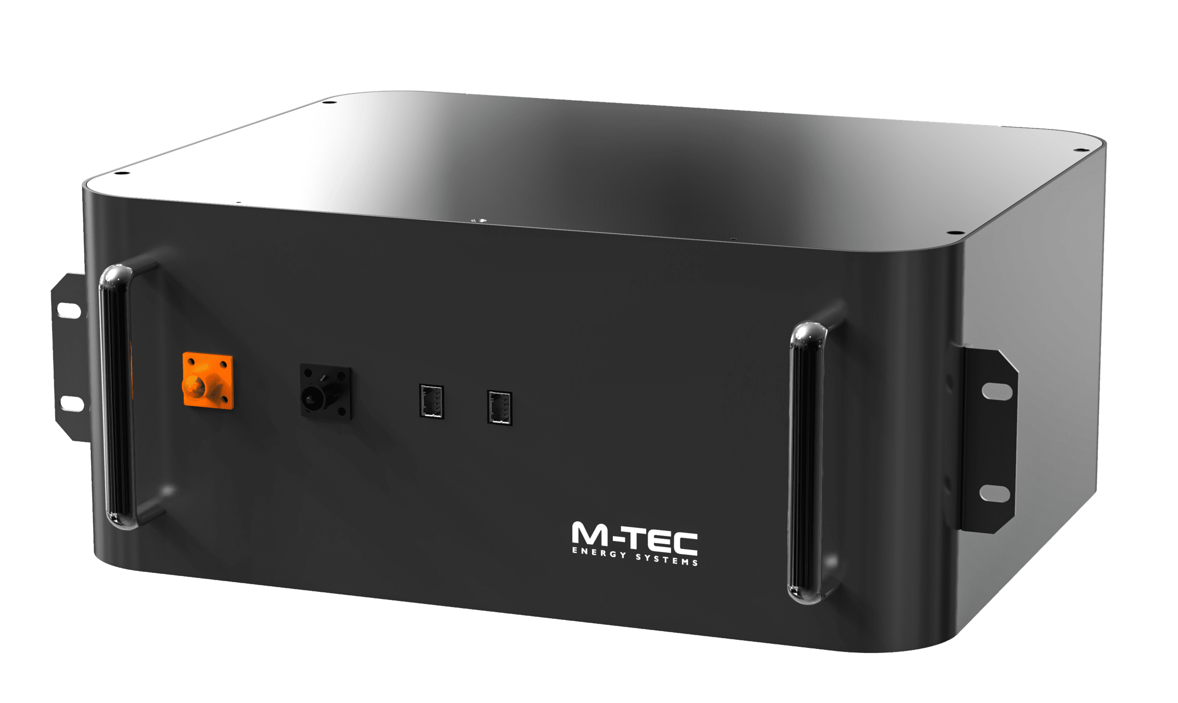 pequeño bloque de energía modular negro. la parte frontal del dispositivo presenta pequeños conectores y el logotipo blanco de M-TEC.