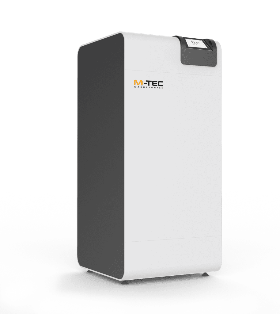 un aparato de color blanco y gris de la familia de bombas de calor M-TEC. en la parte superior del aparato hay una pequeña pantalla y delante el logotipo de M-TEC