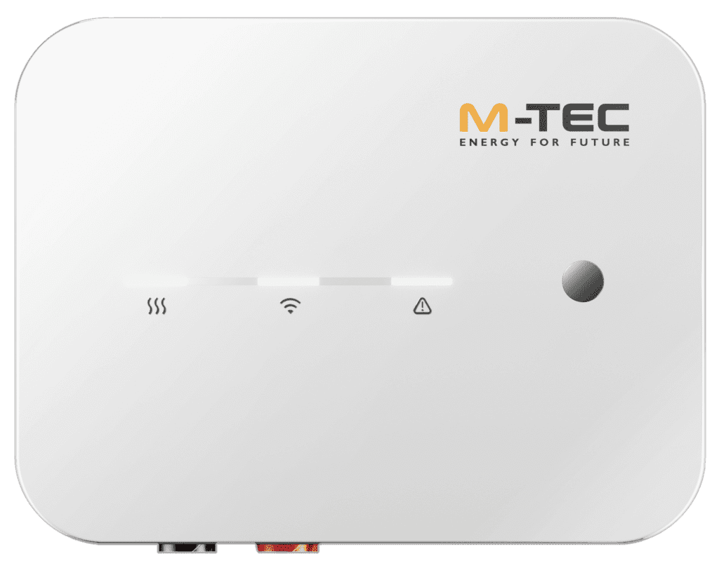 dispositivo con esquinas redondeadas en blanco y gris. En la parte frontal del dispositivo hay unas pequeñas luces con iconos debajo. El logotipo de M-TEC se encuentra en la parte superior derecha del dispositivo y un botón debajo.