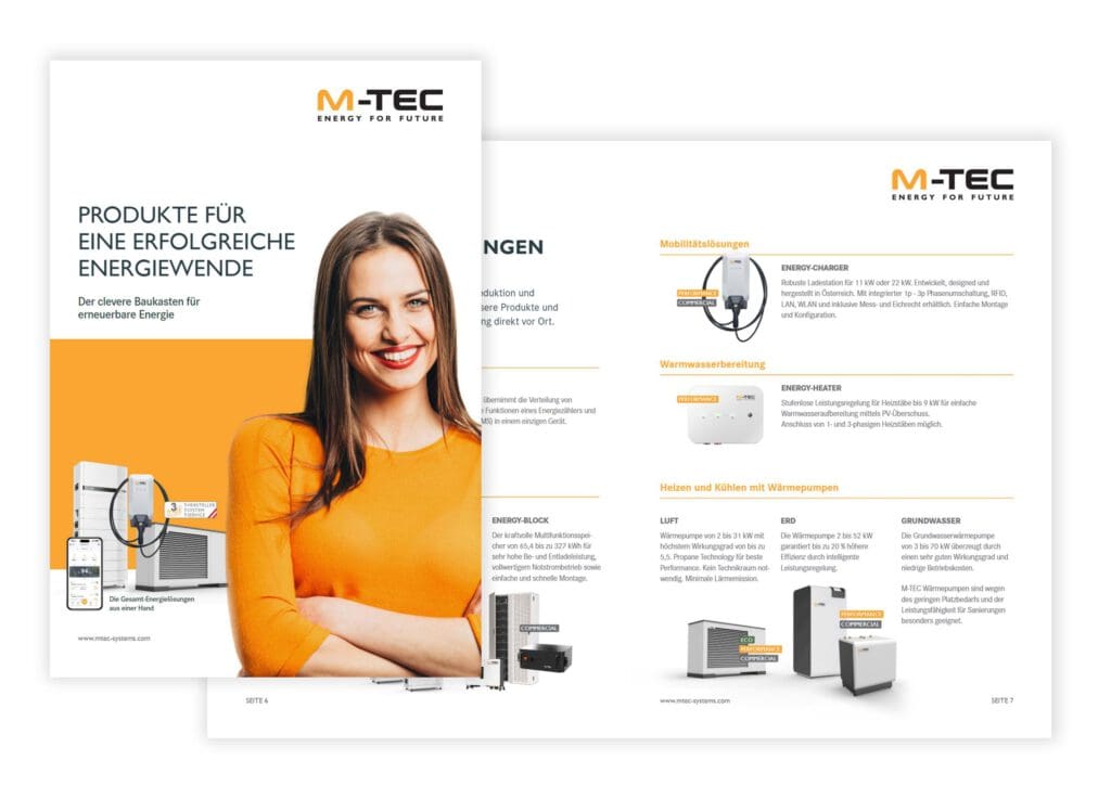 Una portada con una mujer sonriendo y el logotipo de M-TEC en la parte superior. El fondo es de color blanco y naranja. Detrás de la portada hay dos páginas con productos y texto en negro y naranja.
