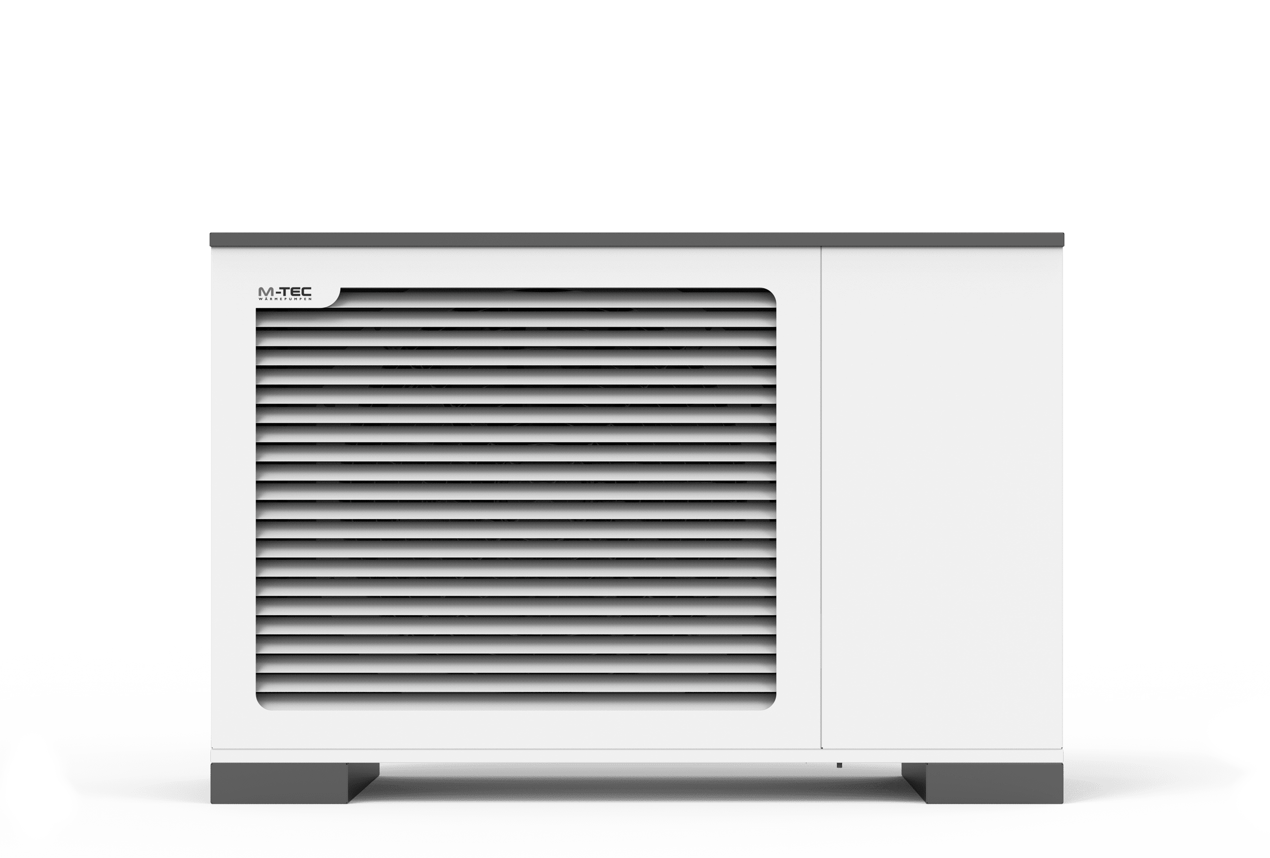 una pequeña bomba de calor blanca y gris oscuro con el logotipo de M-TEC en la parte superior izquierda