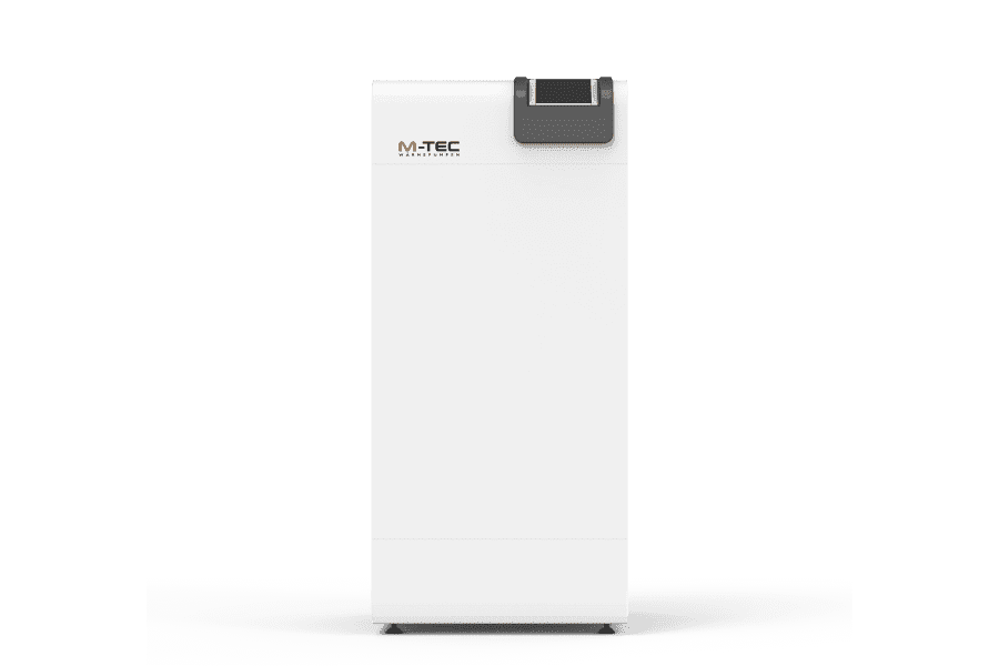 un dispositivo blanco y alto con un pequeño monitor a la derecha y el logotipo de M-TEC a la izquierda